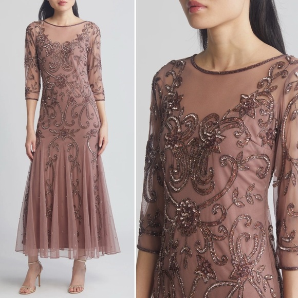 Pisarro Nights Dresses & Skirts - Pisarro Nights Beaded Illusion Neck Gown Mauve Tulle Flare Godet Hem Midi Size 6